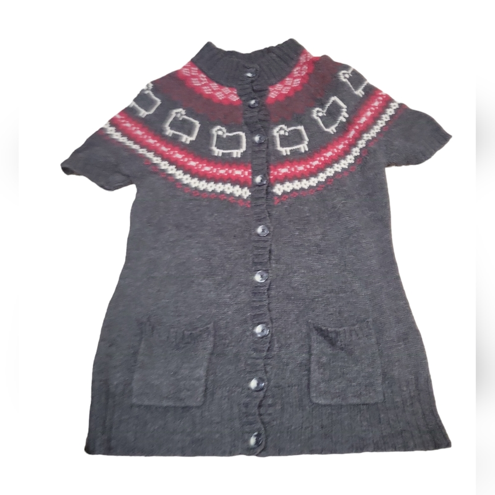 Woolrich Vintage  Sweater Womens Lg Gray Red Cardigan Wool Blend Short Sheep